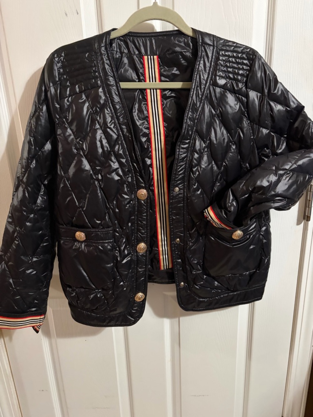 Joh Johya Women's Black Quilted Button-Front Blazer with Striped Trim